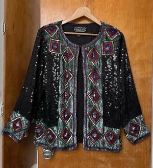 Jean Joseph Le Bon Womens Silk Harlequin Sequin Jacket Trophy Glam Size M 1980s